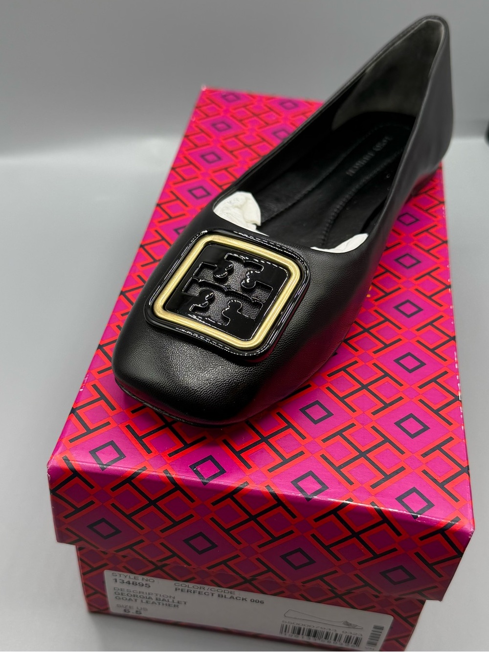 Tory Burch Black Leather Square-Toe Flat with Gold-Tone Logo Buckle